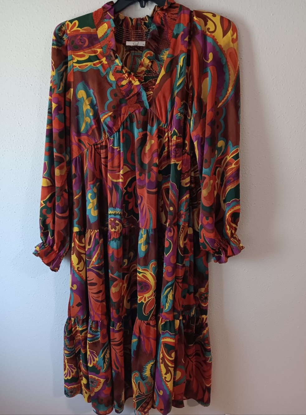 easel Multicolor Paisley Tiered Long Sleeve Midi Dress
